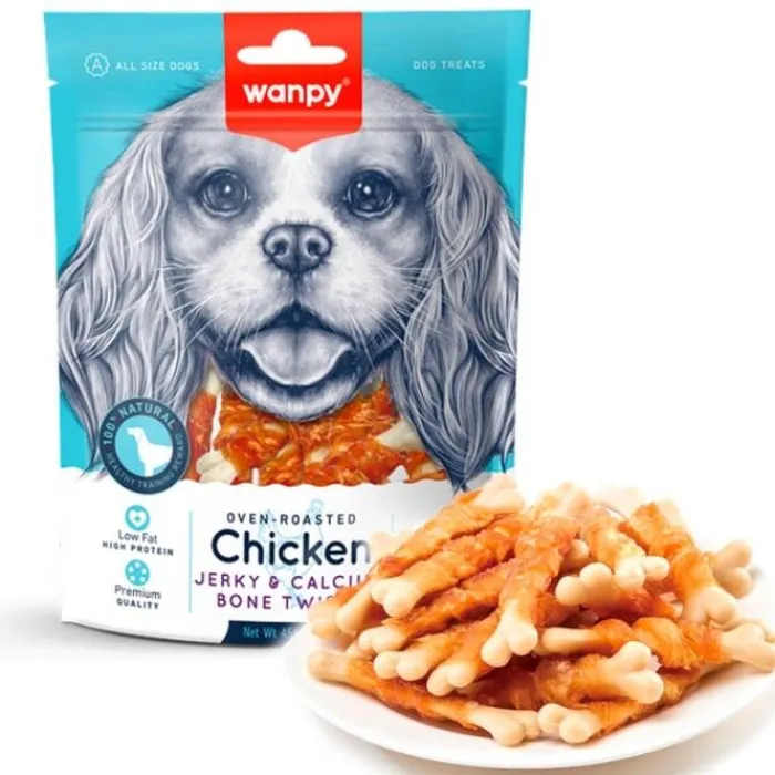 Wanpy Godbidder Og Gnaveben> Chicken Jerky & Calcium Bone Twists | 100g